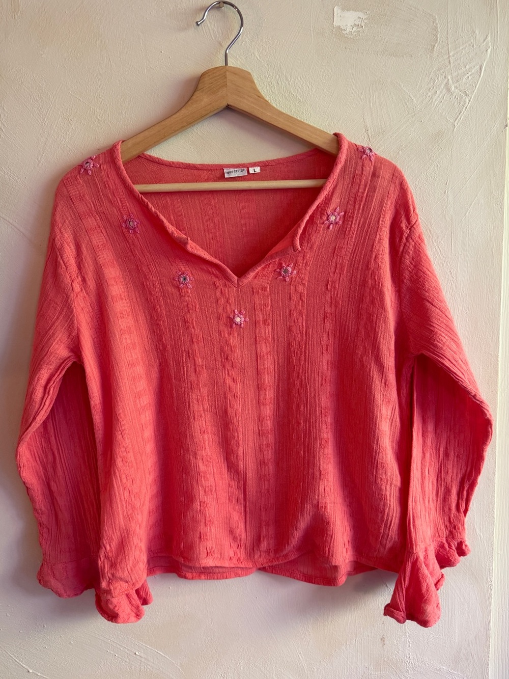 Vintage Boho Coral Cotton Gauze Top Mirror Embroidery Ruffle Bell Sleeve L